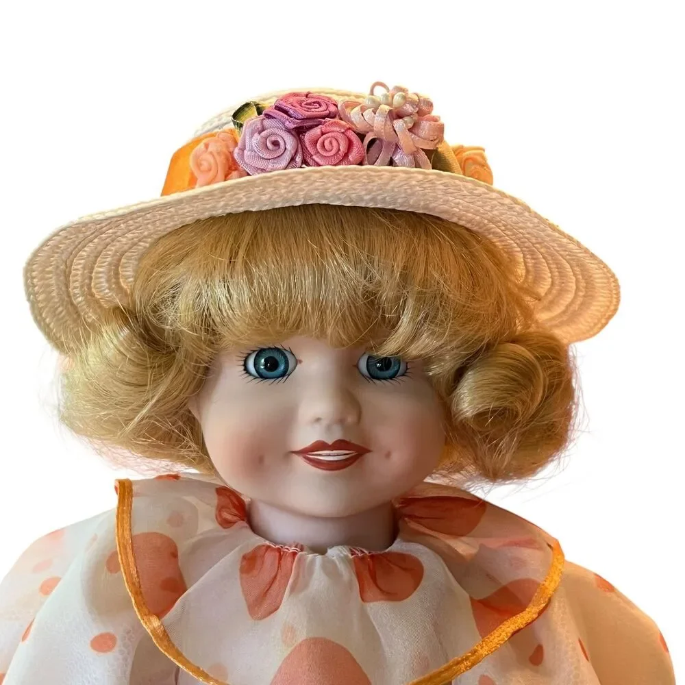 Vtg QVC Porcelain Clara Doll Blonde Blue Eyes Peach Polka Dot Dress Hat Stand